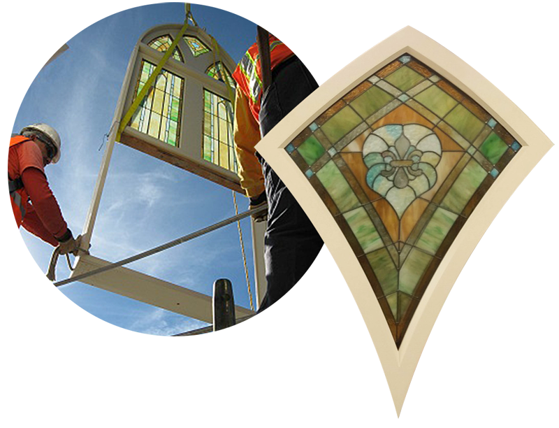 A stained glass window being guided into place by workers, and a closeup detail view of the top panel.