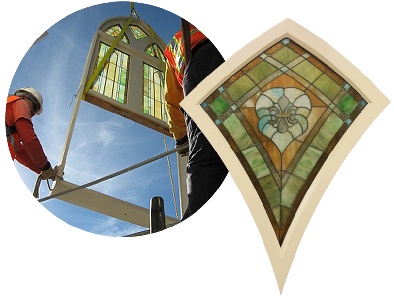 A stained glass window being guided into place by workers, and a closeup detail view of the top panel.