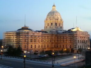 An exterior view of the Minnesota State Capitol under construction.