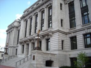 A front exterior view of Newark City Hall after window restoration.