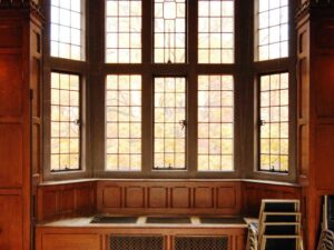 An interior view of some bay windows in the Vanderbilt University Alumni Hall.