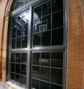 Close-up of a finished window opening at the Milwaukee Repertory Theater.