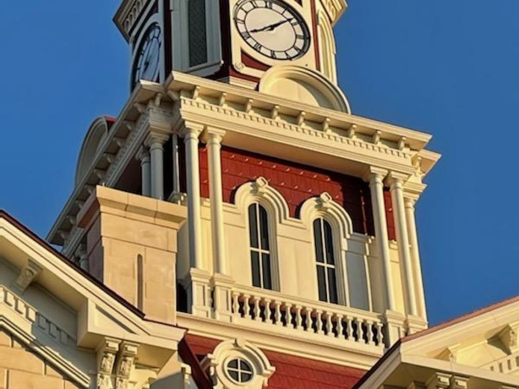 The dome and facade of the Fannin County Courthouse.