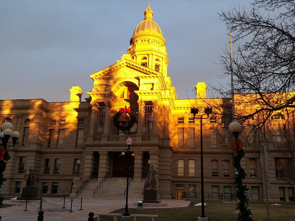 The Wyoming State Capitol Building during a sunset