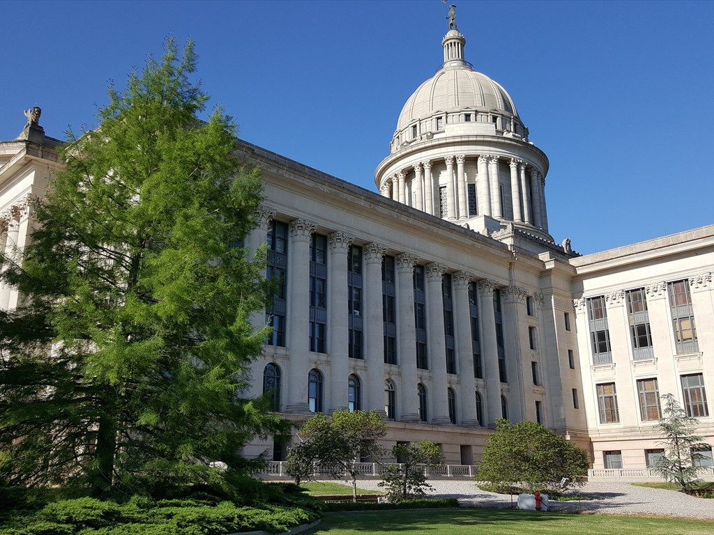 The Oklahoma State Capitol building from an angle.