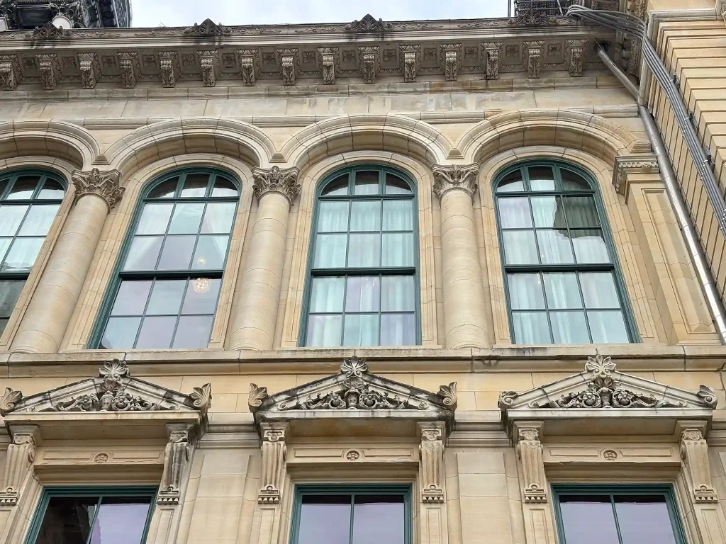 Detail of 3 windows on the Illinois State Capitol building after restoration.