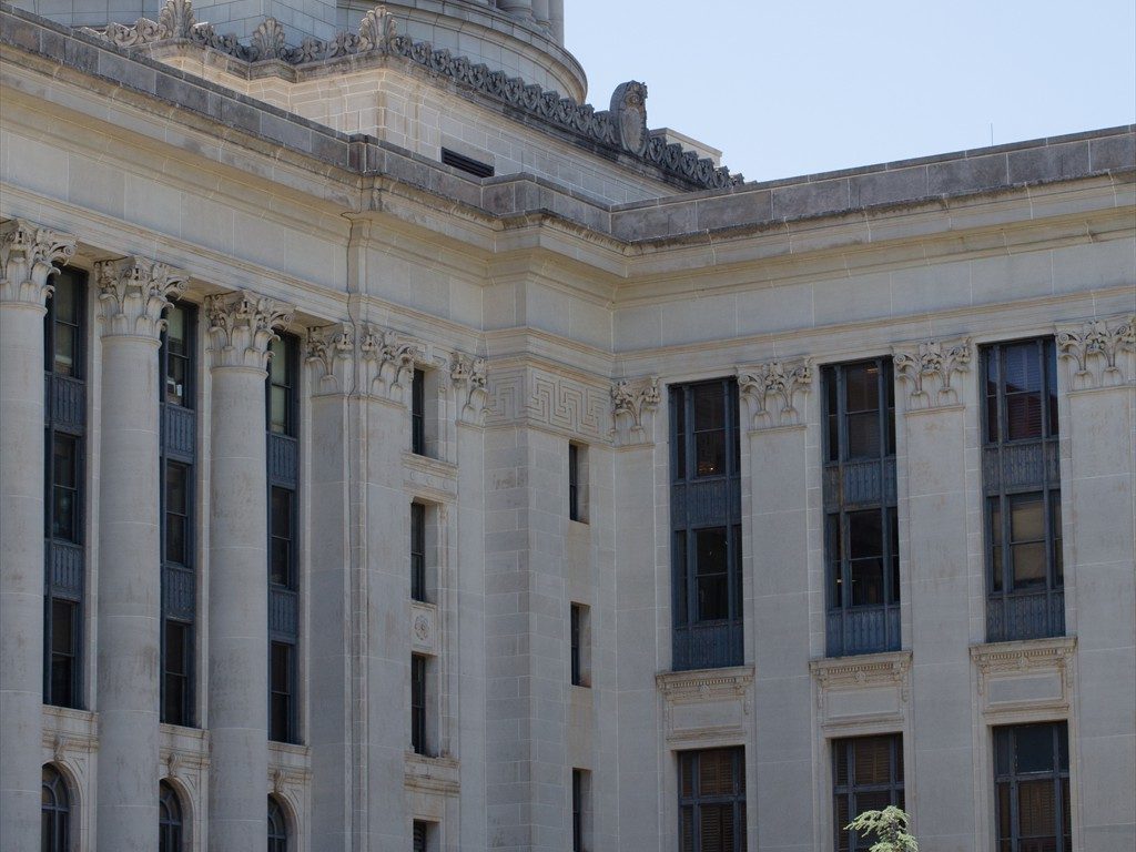 Closeup of windows on the Oklahoma State Capitol building.