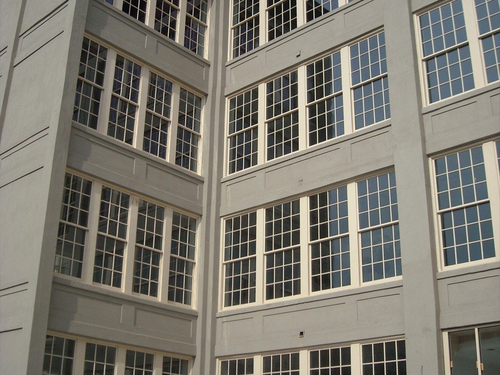 New windows on the Framingham Manufacturing Building seen from the outside.