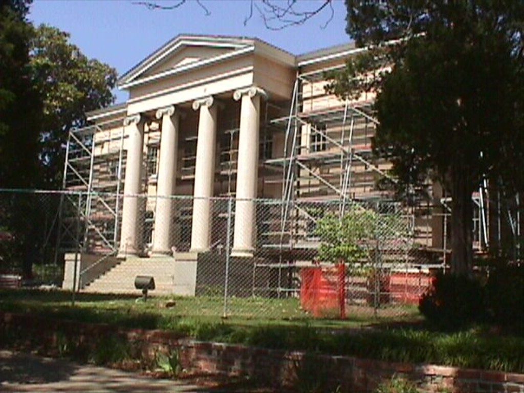 An exterior view of the Old Governor's Mansion in Georgia during renovation.