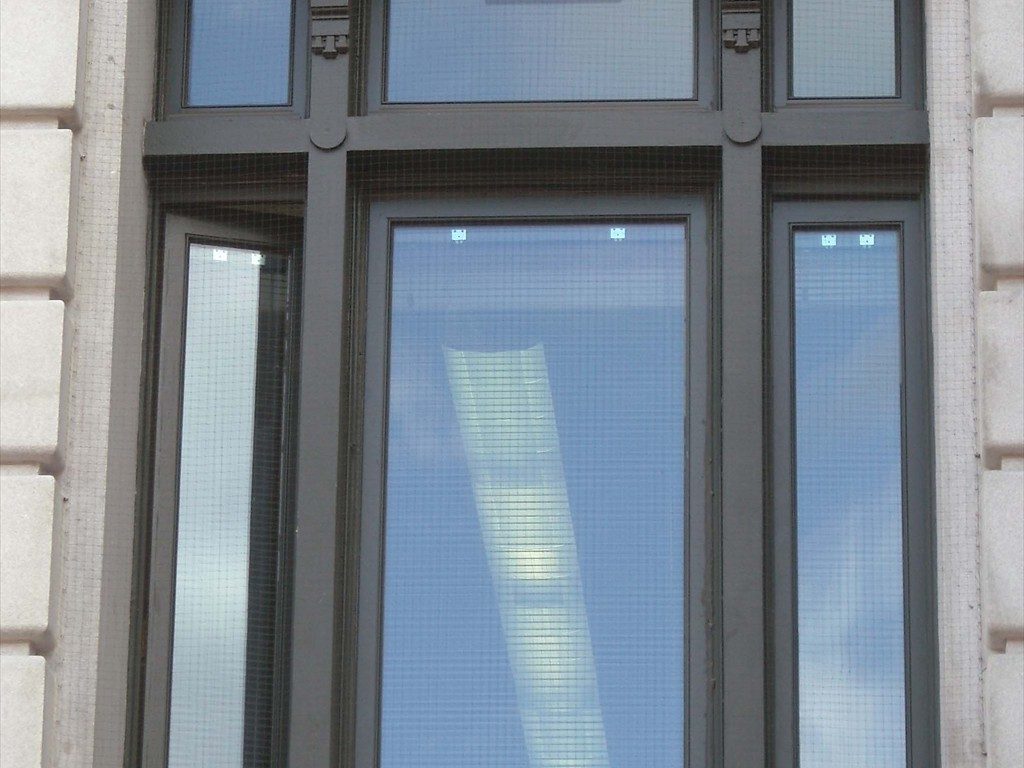 A detail view of one window on Newark City Hall after restoration.