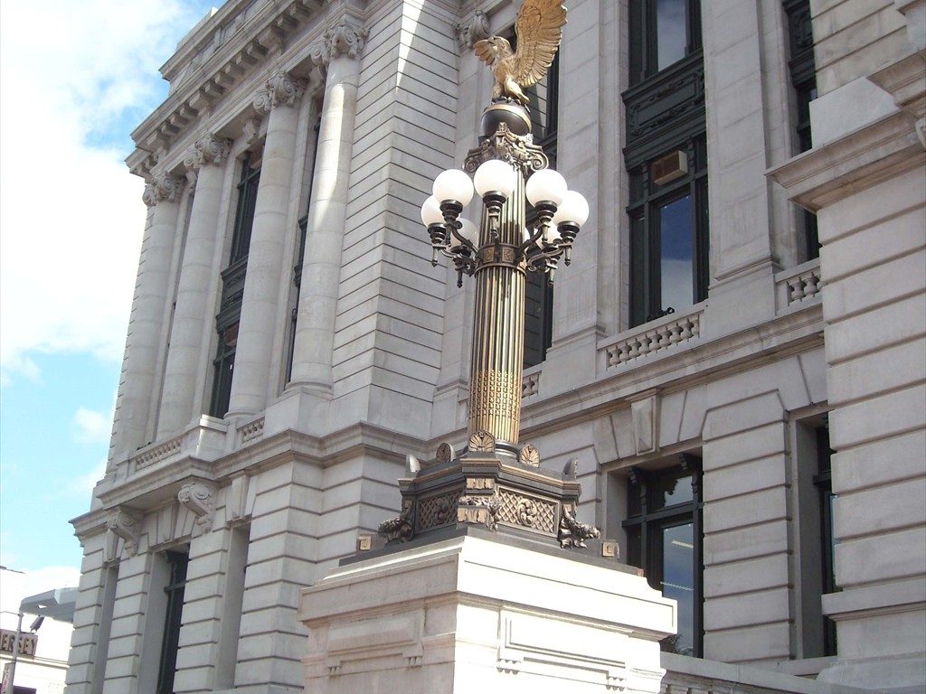 A front exterior view of various windows on Newark City Hall after restoration.