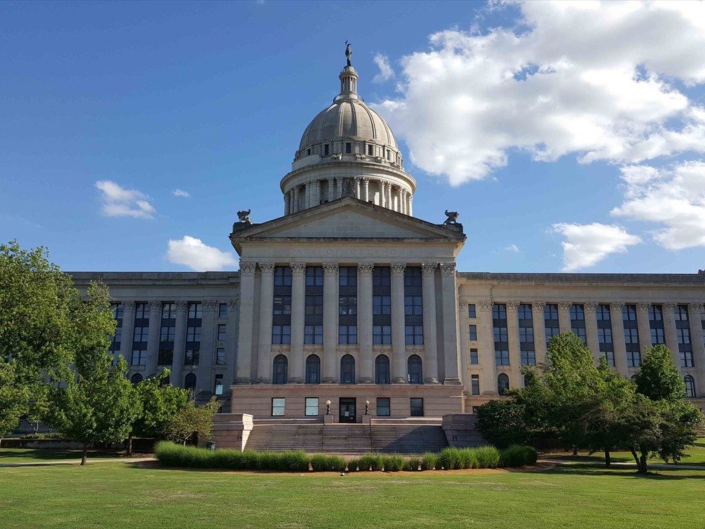 The front of the Oklahoma State Capitol building.