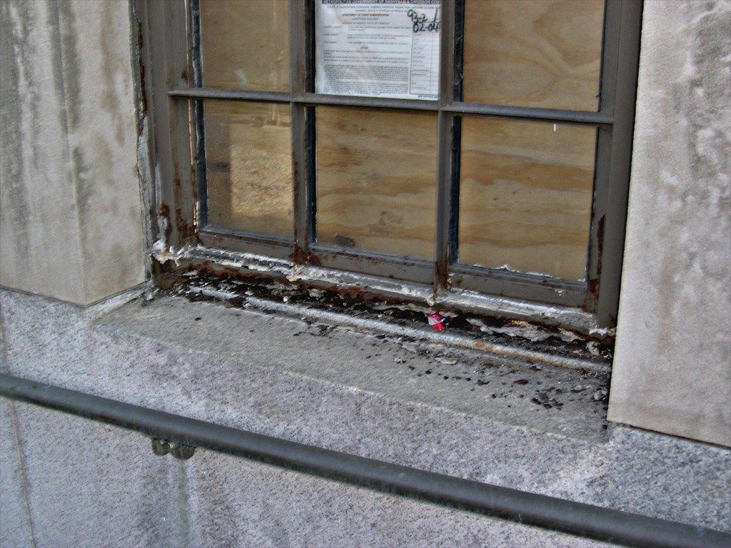A closeup of one window on the Davidson County Courthouse prior to restoration.